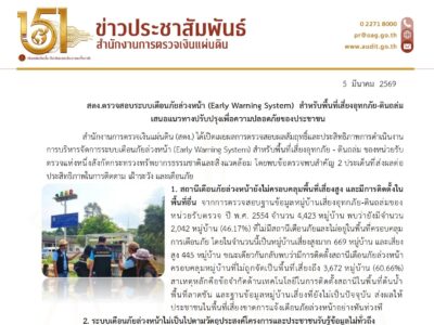 สตง.ตรวจสอบระบบเตือนภัยล่วงหน้า (Early Warning System) สำหรับพื้นที่เสี่ยงอุทกภัย-ดินถล่ม เสนอแนวทางปรับปรุงเพื่อความปลอดภัยของประชาชน